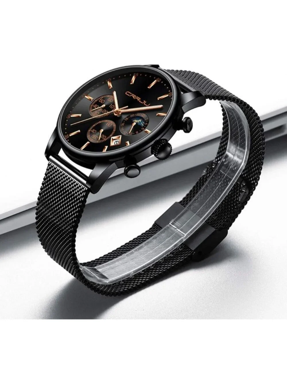 Mens Black Rose Gold Chronograph Waterproof Steel Quartz Mesh Strap Casual Watch